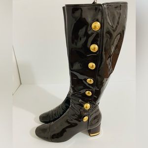 Tory Burch Madison Knee Boots Sz 7.5 M Brown Patent Leather Tall Gold Accent Zip